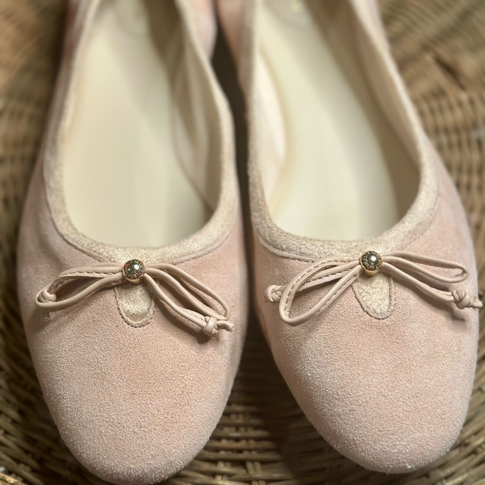 Cole Haan Keira Classic Ballet Slip On Bow Detail Blush Nude Suede Flats